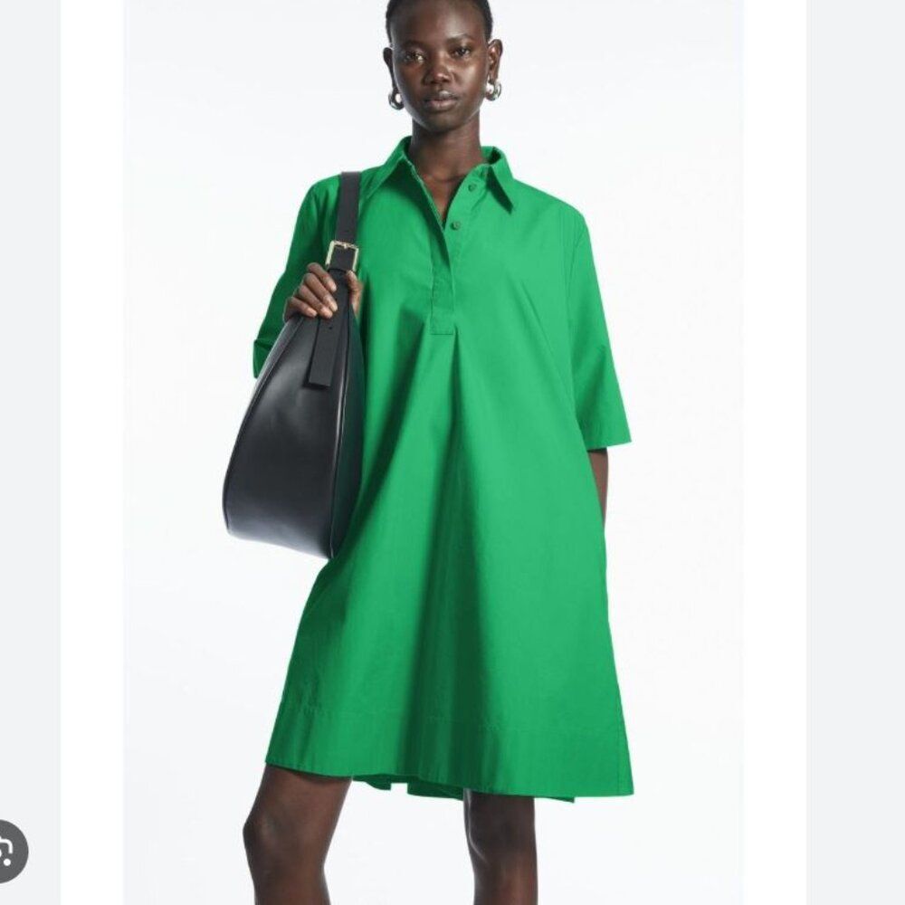 COS A-Line Mini Shirt Dress Green Sz 10 Oversized Minimalist Modern Scandinavian